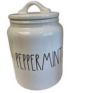 RAE Dunn PEPPERMINT White Red Ceramic Christmas Cookie Jar Canister 9" x 5"